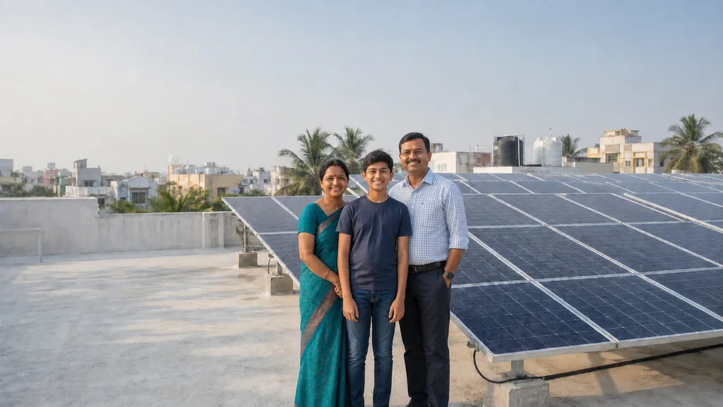 Illustrative family beside rooftop solar panels in a Chennai-style neighbourhood