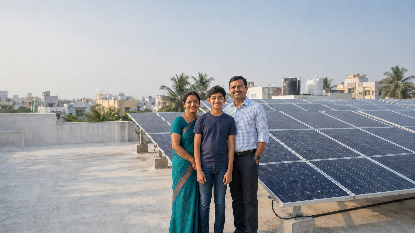 Chennai family standing beside their residential rooftop solar installation.